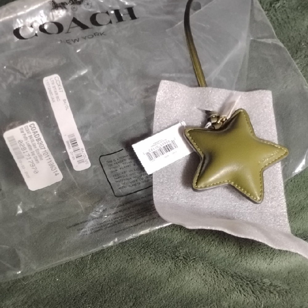 Coach Olive Green Star Leather Charm Keychain with Wrist Strap